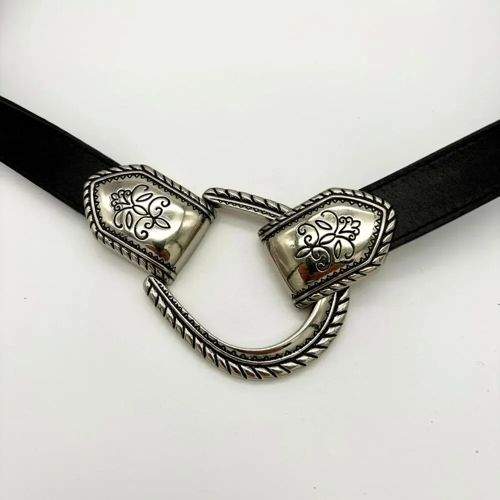 Chico’s Leather Hook Belt Black Silver Tone Western Boho Size S/M Adjustable